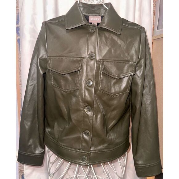 GREAT CONDITION WOMEN Chicos  Sz 0 (Xsmall) Two-Pocket Faux-Leather Jacket light - Picture 1 of 12